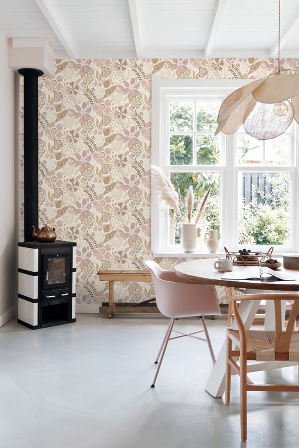 ESTAhome tapet blomstermønster beige og syrenlilla 0.53 x 10.05 m