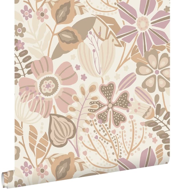 ESTAhome tapet blomstermønster beige og syrenlilla 0.53 x 10.05 m