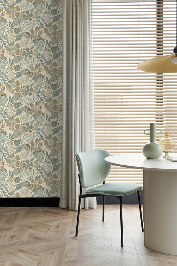 ESTAhome tapet blomstermønster beige, blåt og grønt 0.53 x 10.05 m