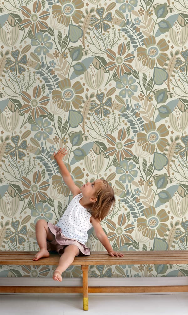 ESTAhome tapet blomstermønster beige, blåt og grønt 0.53 x 10.05 m