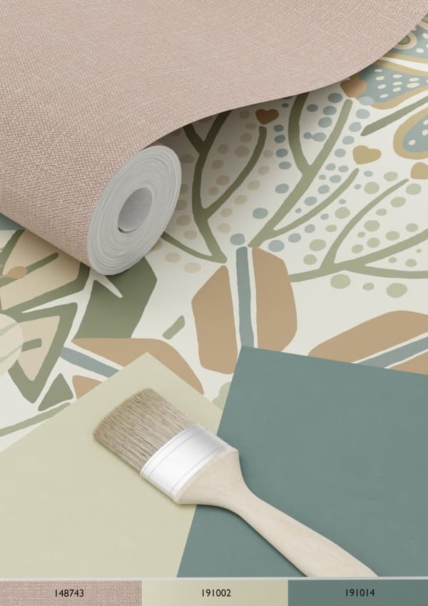 ESTAhome tapet blomstermønster beige, blåt og grønt 0.53 x 10.05 m