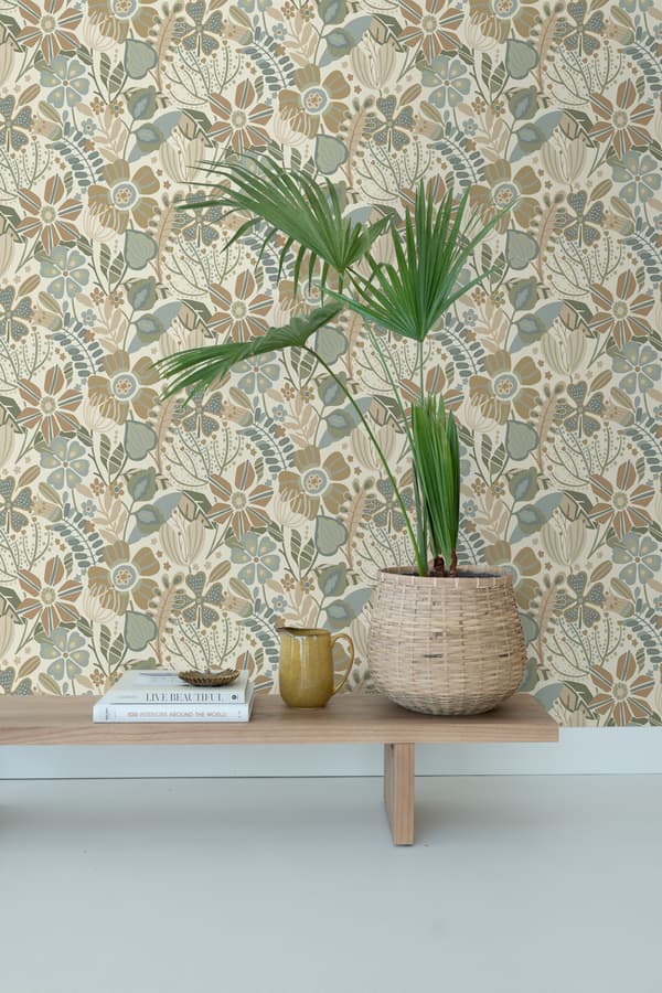 ESTAhome tapet blomstermønster beige, blåt og grønt 0.53 x 10.05 m