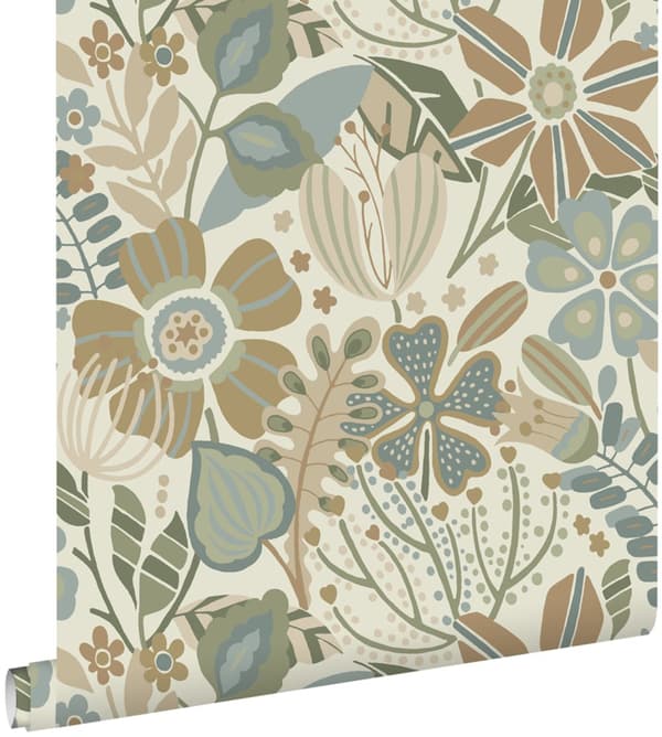 ESTAhome tapet blomstermønster beige, blåt og grønt 0.53 x 10.05 m
