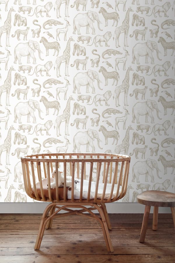 ESTAhome tapet djungeldjur vitt och beige 0.53 x 10.05 m
