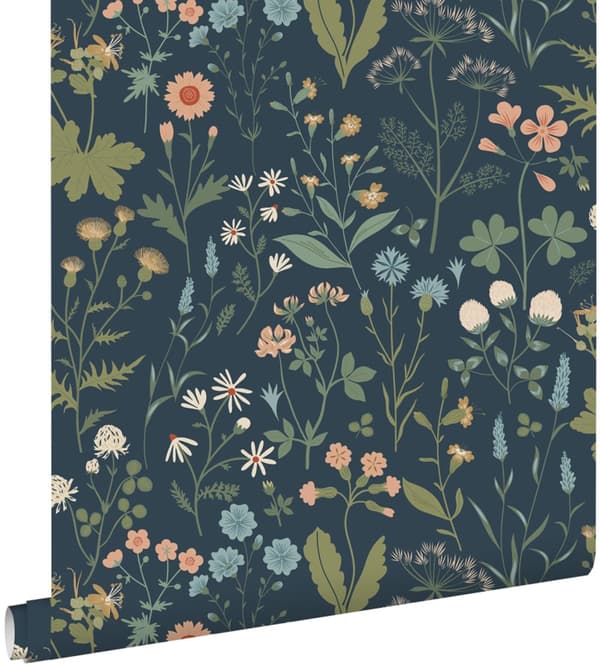 ESTAhome tapet vilda blommor mörkblått, grönt och rosa 0.53 x 10.05 m