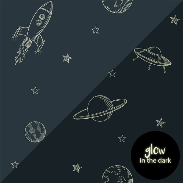 ESTAhome glow-in-the-dark tapet planeter i universet mørkeblåt 0.53 x 10.05 m