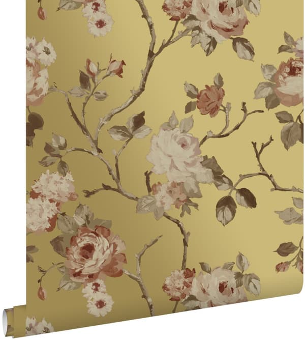 ESTAhome tapet vintage blommor guld och terrakotta rosa 0.53 x 10.05 m