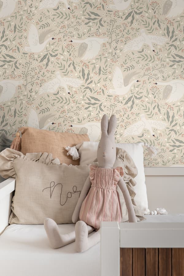 ESTAhome tapet svaner beige, hvidt og gråligtgrønt 0.53 x 10.05 m