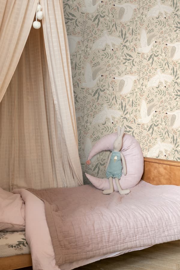 ESTAhome tapet svaner beige, hvidt og gråligtgrønt 0.53 x 10.05 m