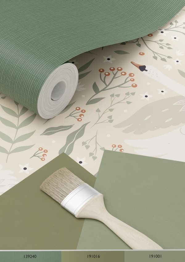 ESTAhome tapet svaner beige, hvidt og gråligtgrønt 0.53 x 10.05 m