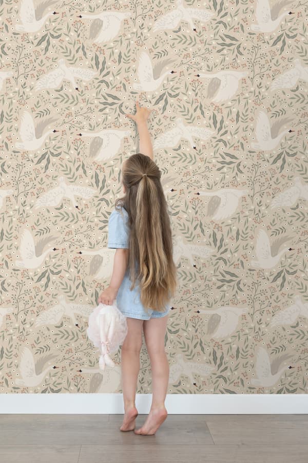 ESTAhome tapet svaner beige, hvidt og gråligtgrønt 0.53 x 10.05 m