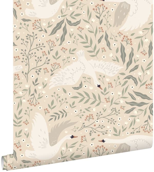 ESTAhome tapet svaner beige, hvidt og gråligtgrønt 0.53 x 10.05 m