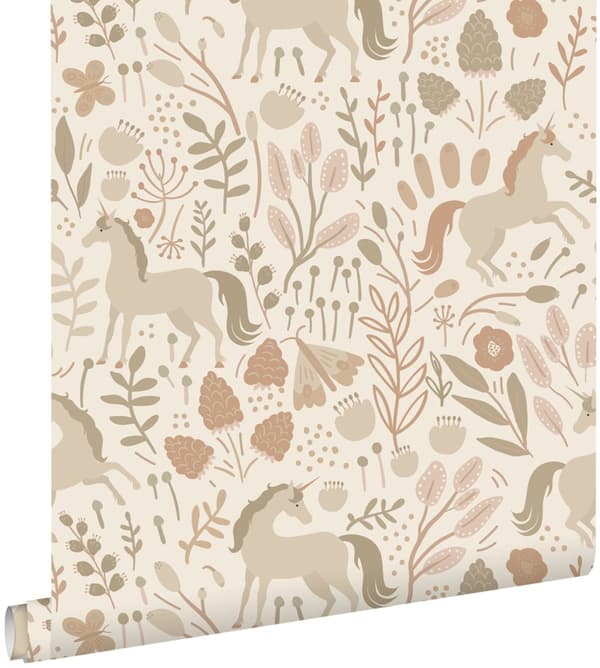 ESTAhome tapet enhjørninger beige og terracotta pink 0.53 x 10.05 m