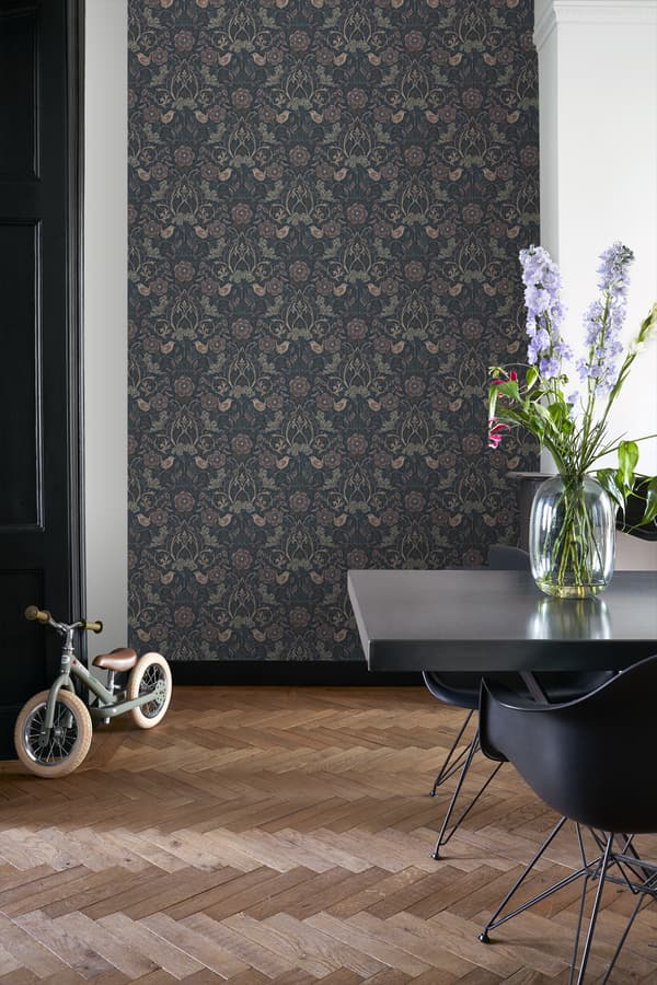 ESTAhome tapet blommor och fåglar mörkblått och antikrosa 0.53 x 10.05 m