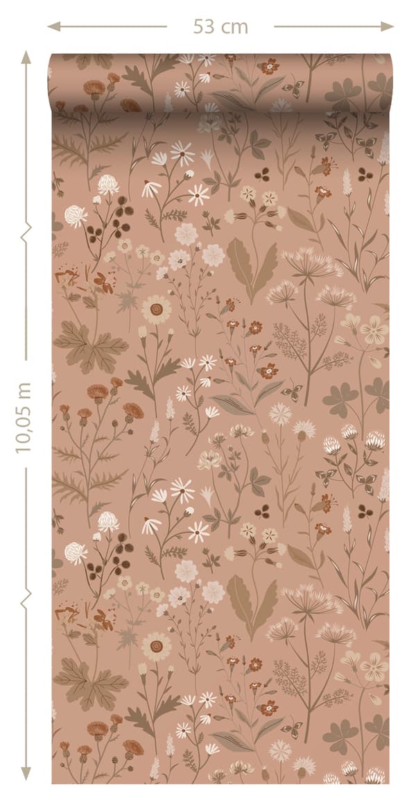ESTAhome tapet vilda blommor terrakotta rosa 0.53 x 10.05 m