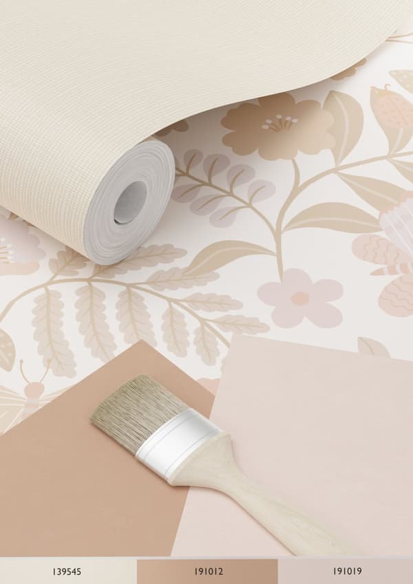 ESTAhome tapet blommor och fåglar vitt, beige och milt rosa 0.53 x 10.05 m