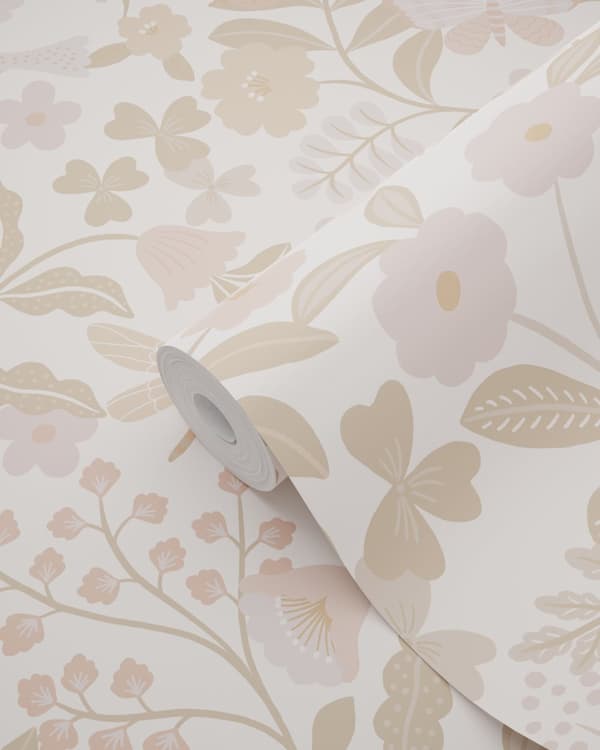 ESTAhome tapet blommor och fåglar vitt, beige och milt rosa 0.53 x 10.05 m