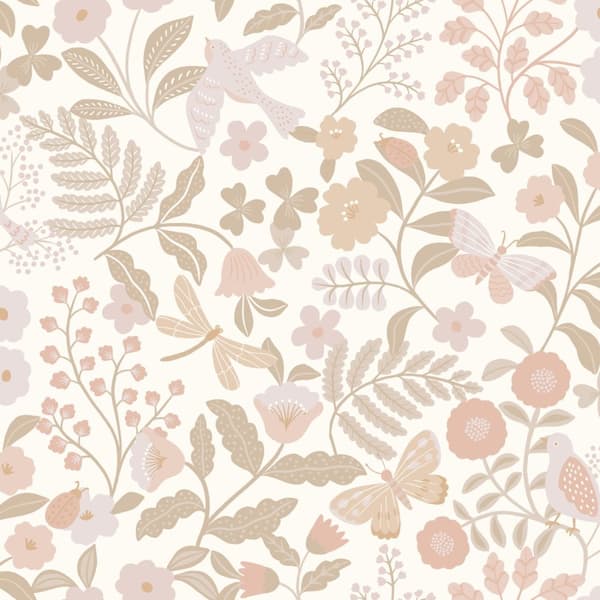 ESTAhome tapet blommor och fåglar vitt, beige och milt rosa 0.53 x 10.05 m