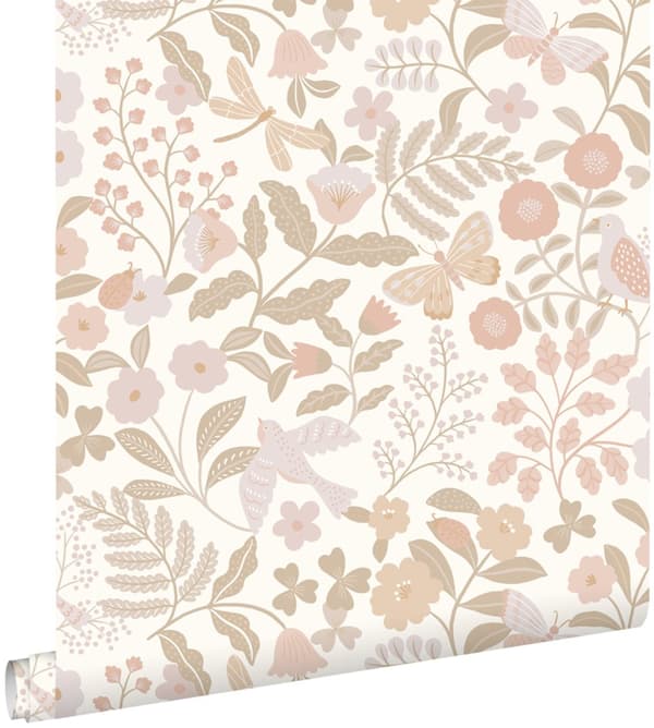 ESTAhome tapet blommor och fåglar vitt, beige och milt rosa 0.53 x 10.05 m
