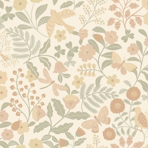 ESTAhome tapet blommor och fåglar beige, grönt och milt rosa 0.53 x 10.05 m