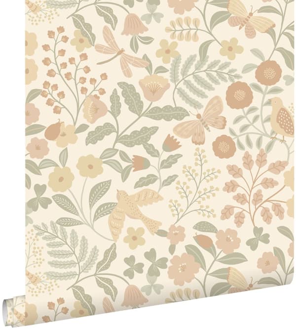 ESTAhome tapet blommor och fåglar beige, grönt och milt rosa 0.53 x 10.05 m