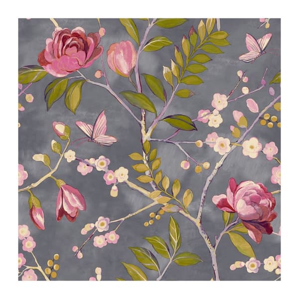 Grandeco Lola Floral Wallpaper Charcoal/Pink 10m x 53cm