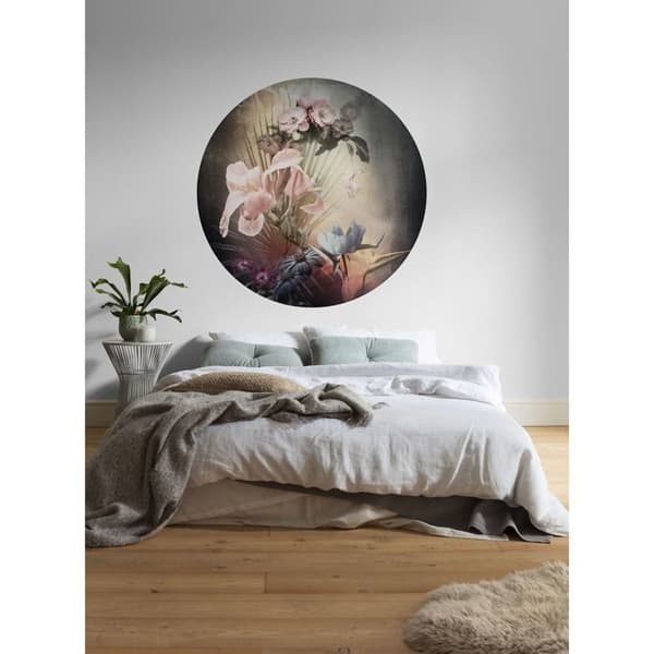 panorama rund självhäftande tapet flamländska blommor rosa, blå och grön - Ø 125 cm - 611736