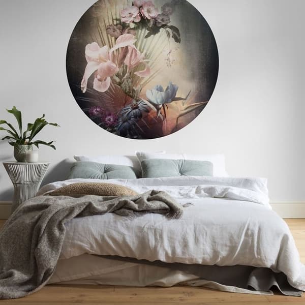 panorama rund självhäftande tapet flamländska blommor rosa, blå och grön - Ø 125 cm - 611736