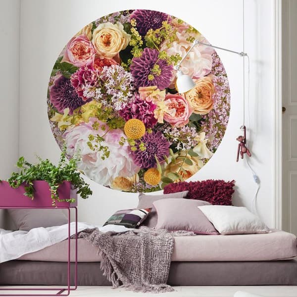 rund panorama självhäftande tapet flerfärgade blommor - Ø 125 cm - 611806