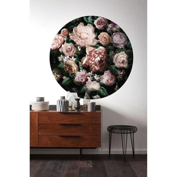 panorama runt självhäftande tapetsömmar av rosa och gröna blommor - Ø 125 cm - 611734