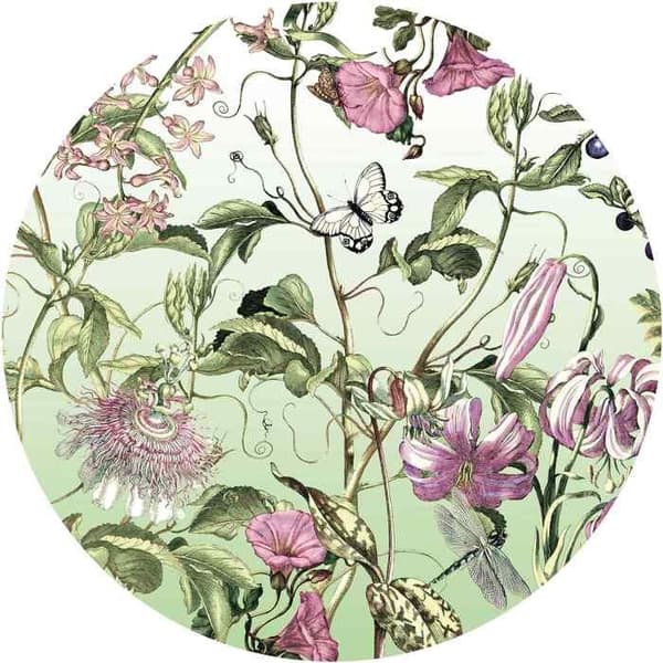 rund panorama självhäftande tapet gröna och rosa blommor - Ø 125 cm - 611791