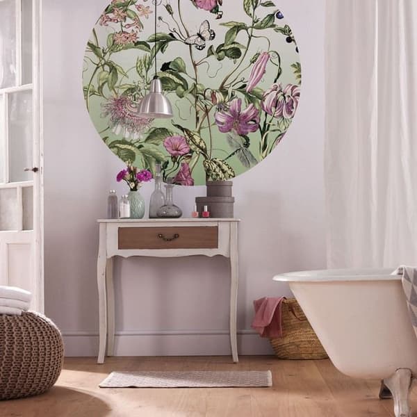 rund panorama självhäftande tapet gröna och rosa blommor - Ø 125 cm - 611791