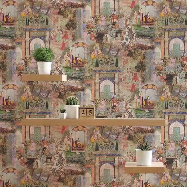 Vintage Tapet M1-No.1698 Vävt Tapet Grön Orange Orientaliskt Natur