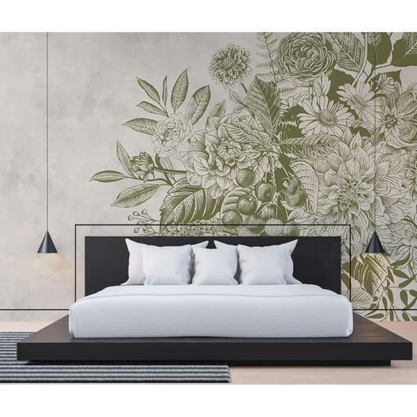 Tapet blommor M1-No.60604 digitalt tryck grön vit betongutseende blommig