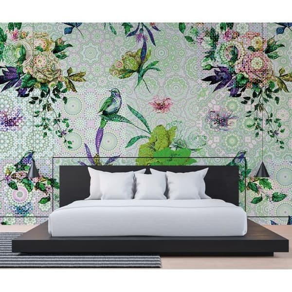 Tapet blommor M1-No.60640 digitaltryck grön blå fåglar