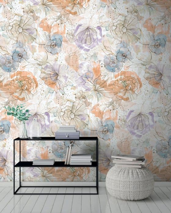 Non-woven tapet - beige - orange - Mönstrade tapeter - blommor / blommig - Aquarell Dreams - A.S