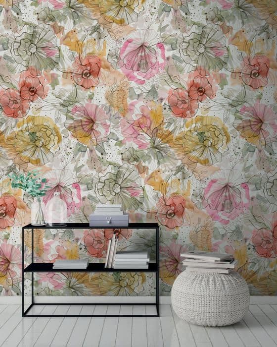 Non-woven tapet - beige - orange - Mönstrade tapeter - blommor / blommig - Aquarell Dreams - A.S
