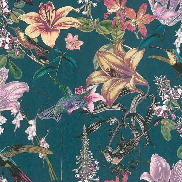 Tapet Djur Adriano M1-No.529 Blå Gul Blomtapet Kolibri