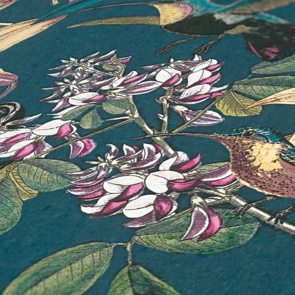 Tapet Djur Adriano M1-No.529 Blå Gul Blomtapet Kolibri