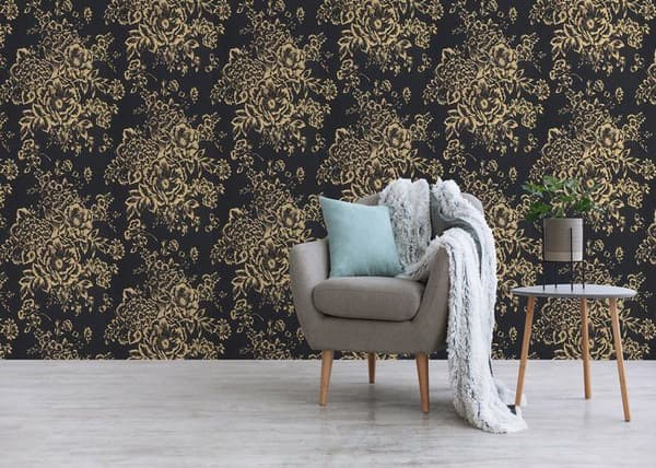 Tapet Blommor M1-No.2169 Non-woven tapet Guld Svart Blommig Abstrakt