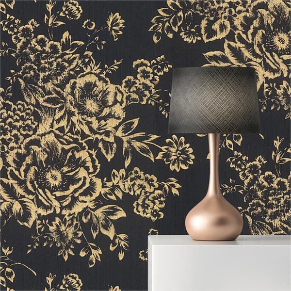 Tapet Blommor M1-No.2169 Non-woven tapet Guld Svart Blommig Abstrakt