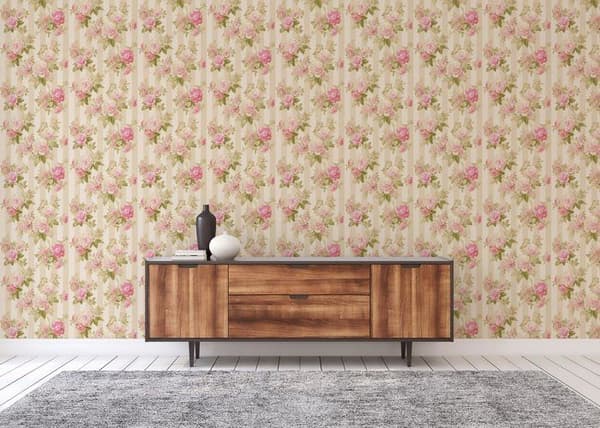 Papper Tapet Blommor M1-No.2127 Rosa Grön Blommig Klassisk Randig