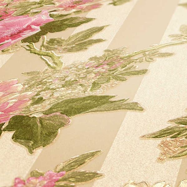 Papper Tapet Blommor M1-No.2127 Rosa Grön Blommig Klassisk Randig