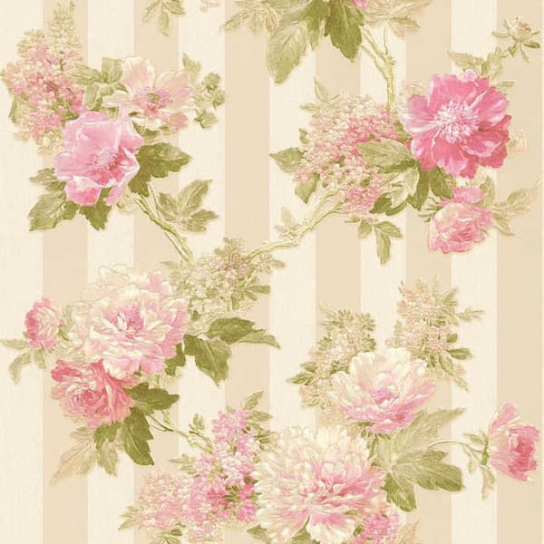 Papper Tapet Blommor M1-No.2127 Rosa Grön Blommig Klassisk Randig