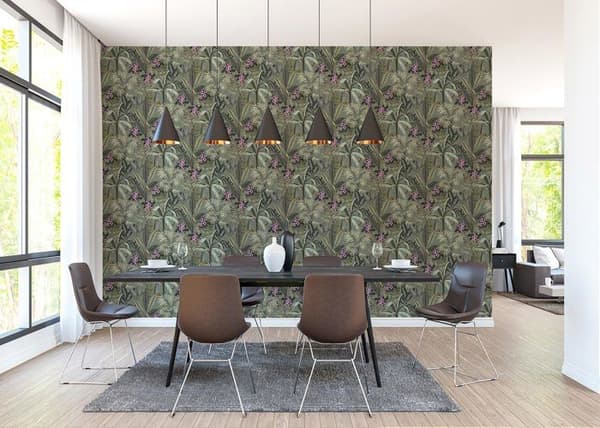 Papper Tapet Löv Ginevra M1-No.3579 Grön Natur Blommor Blommig