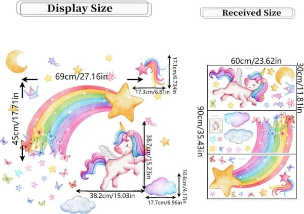 Rainbow Unicorn väggdekaler Fjäril Moln Stjärnor Nursery Väggdekaler Peel and Stick Väggkonst för flickor Sovrum Vardagsrum