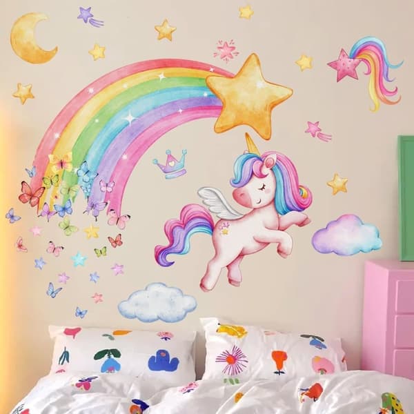 Rainbow Unicorn väggdekaler Fjäril Moln Stjärnor Nursery Väggdekaler Peel and Stick Väggkonst för flickor Sovrum Vardagsrum
