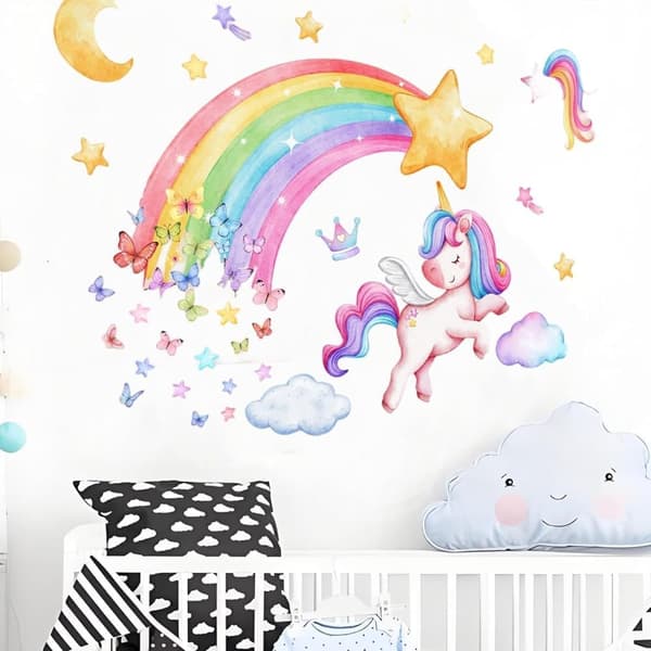 Rainbow Unicorn väggdekaler Fjäril Moln Stjärnor Nursery Väggdekaler Peel and Stick Väggkonst för flickor Sovrum Vardagsrum