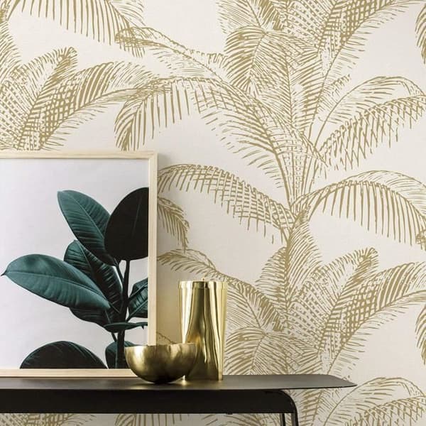 Tapet Pandore Palmblad - RASCH - Vit/Guld - 10,05m x 53cm - Blom- och växtmönster