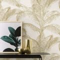 Miniatyrbild 4 av 4: Tapet Pandore Palmblad - RASCH - Vit/Guld - 10,05m x 53cm - Blom- och växtmönster